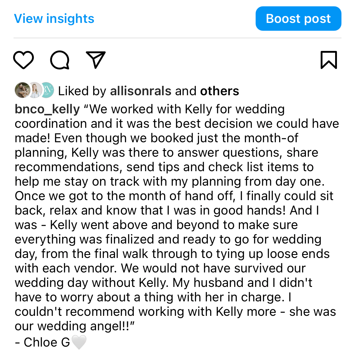 Instagram caption that shares review of a wedding planner
