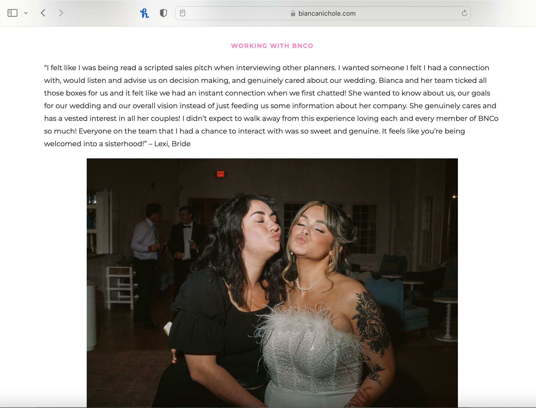 A screenshot of a blog on Bianca Nichole.com sharing a review from a past bride