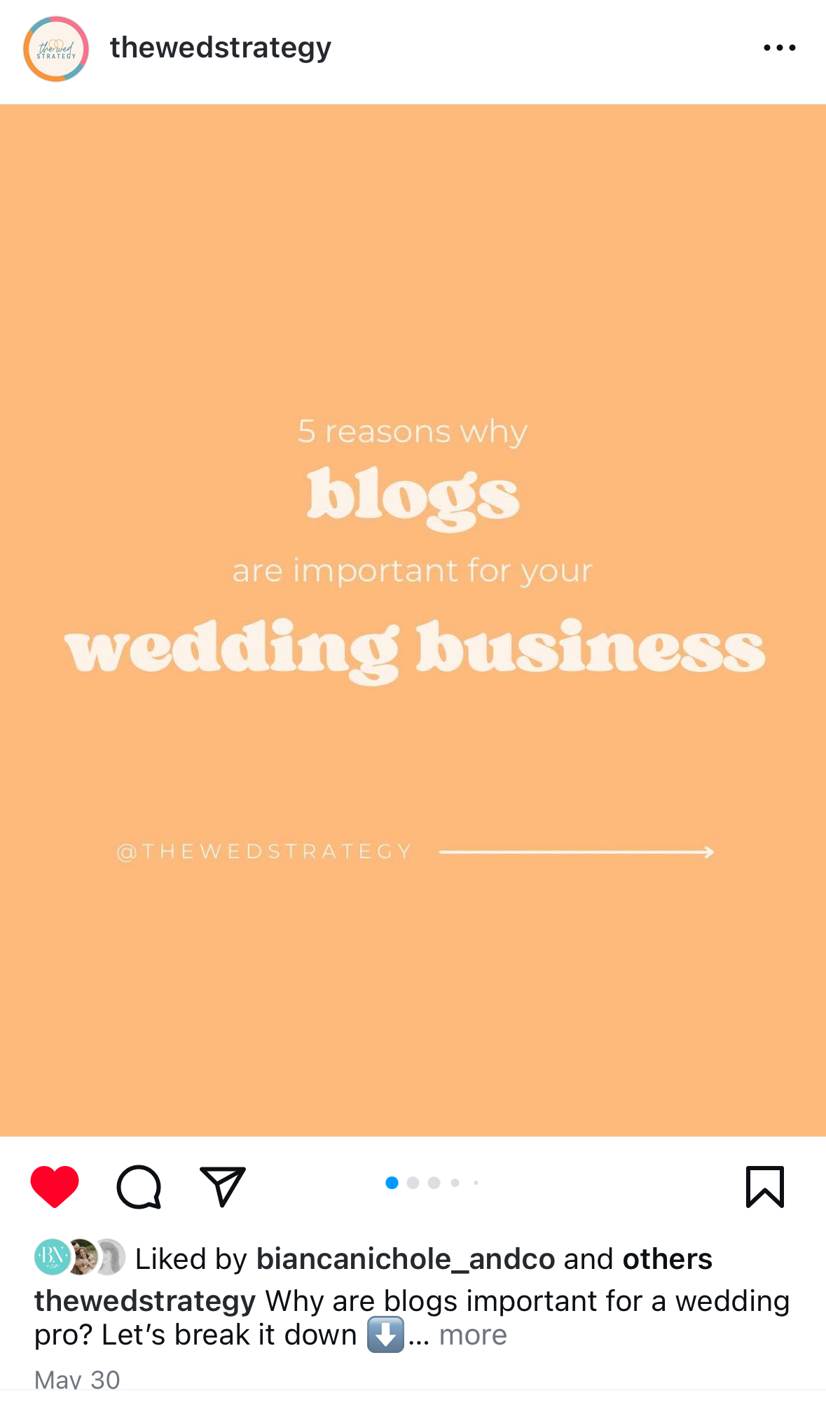 5 reasons why blogs are important for your wedding business graphic from @thewedstrategy instagram